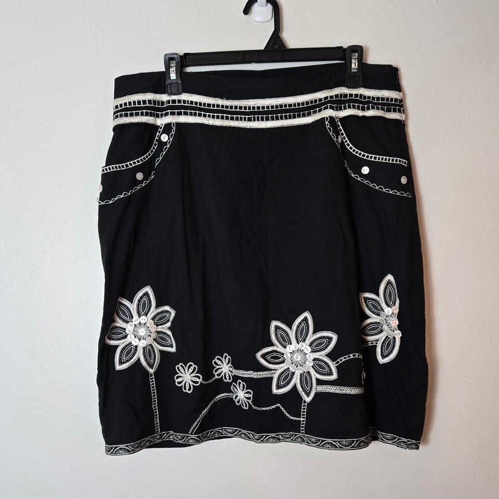 Uttam London Black Cotton Embroidered Floral A-Line Skirt Women Size L Boho